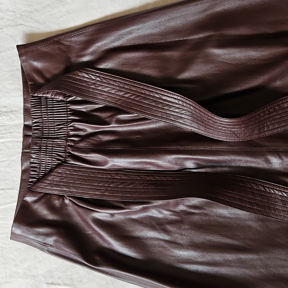 Faux Leather Wine Brown Belted Midi Skirt Snap Buttons Pencil Size Xsmall - Picture 13 of 17